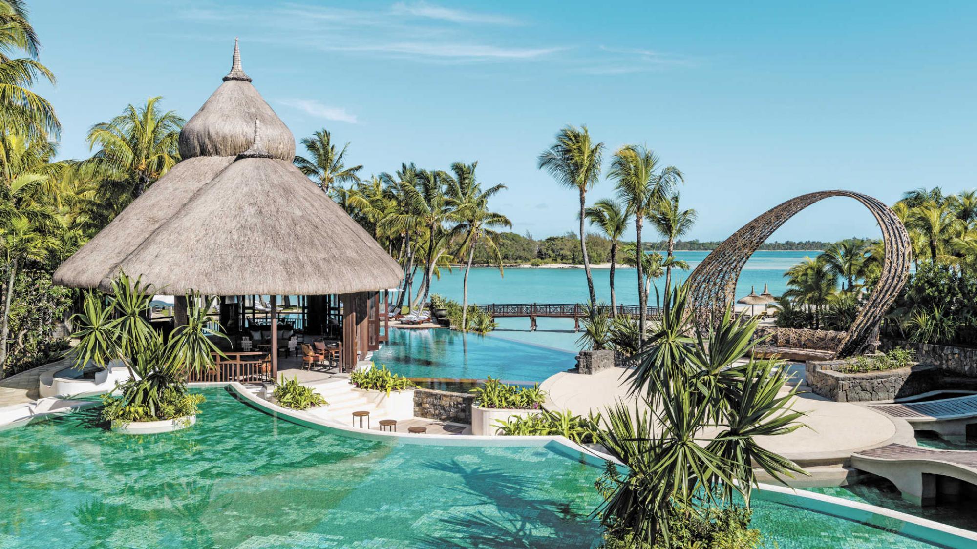 The Shangri La Le Touessrok Resort  Spa's scenic outdoor pool in brilliant Mauritius.