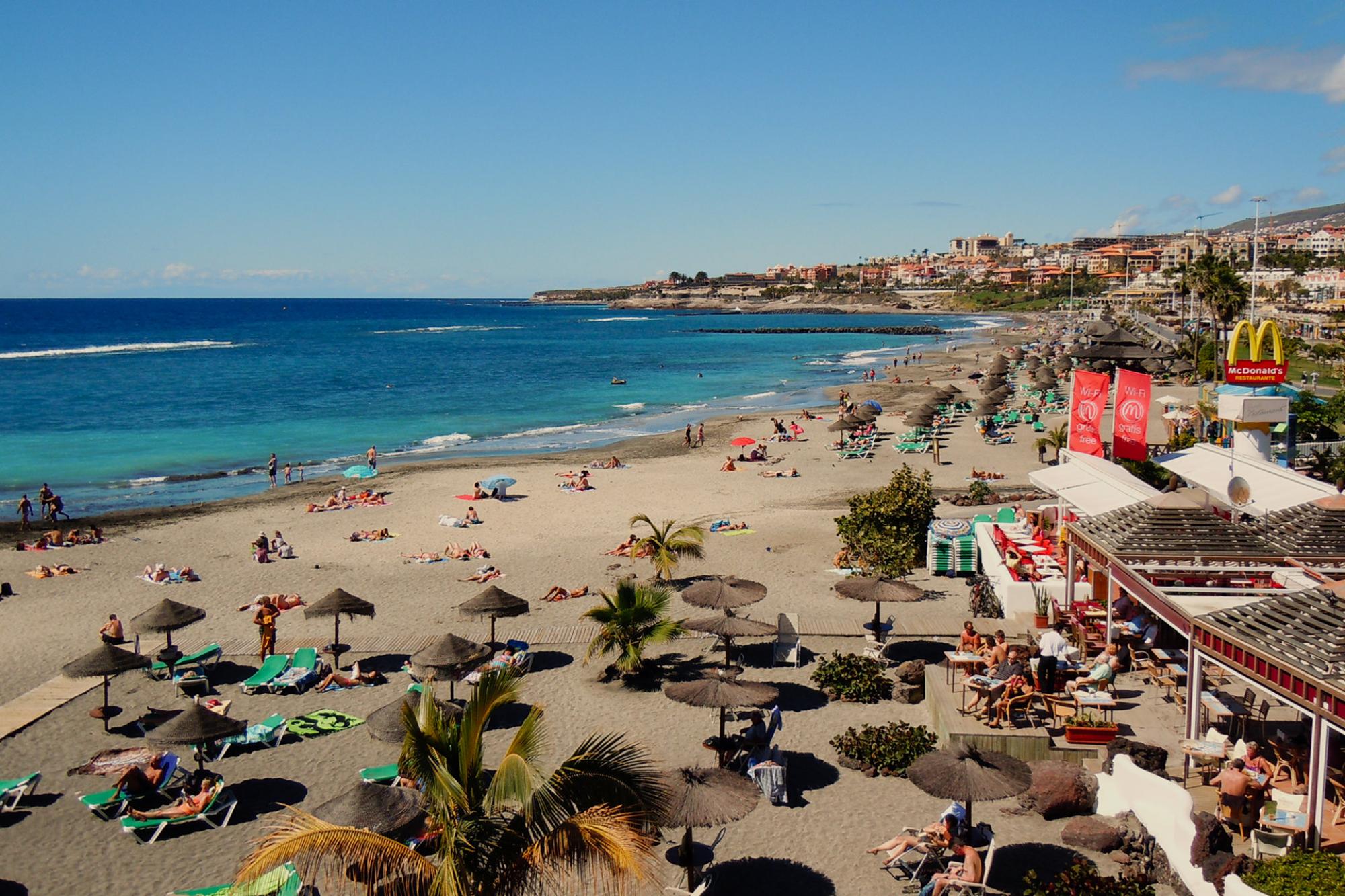 The Cleopatra Palace Hotel's impressive Playa de Las Americas beach situated in vibrant Tenerife.