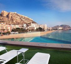 a view of the beach from the swimming pool of the Melia Alicante